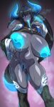  1girl absurdres bar_censor black_dragon_(konoshige_(ryuun)) black_hair black_sclera blue_eyes blue_hair blue_horns blue_nipples blue_pussy blue_tongue breasts censored colored_nipples colored_pussy colored_sclera colored_skin colored_tongue dragon_girl dragon_horns dragon_tail gigantic_breasts gradient_horns grey_skin highres horns konoshige_(ryuun) large_areolae looking_at_viewer monster_girl multicolored_horns navel original sagging_breasts solo standing tail 