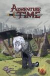 1boy adventure_time backpack bag bare_tree beard belt black_vest blue_eyes bush coat copyright_logo crown debris facial_hair glasses grey_coat hand_on_own_head highres hill kneeling logo long_hair male_focus on_ground open_mouth outdoors parody post-apocalypse ramadartt ruins shadow sharp_teeth simon_petrikov skyline smoke stuffed_toy teeth title_parody tree vest white_hair 