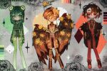2019 abstract_background ambiguous_gender ambiguous_human animal_hood black_sclera clothed clothed_human clothed_male clothing coat color_swatch expressionless flower frog_hood fully_clothed fully_clothed_human fully_clothed_male green_clothing green_eyes green_hair green_legwear green_thigh_highs group hair human humanoid legwear male mammal model_sheet not_furry orange_clothing orange_coat orange_eyes orange_hair orange_topwear orange_wings overalls pita_potato plant red_clothing red_eyes red_hair red_overalls rose_(flower) sparkles thigh_highs topwear trio watermark winged_humanoid wings yellow_flower yellow_rose