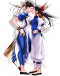  2girls absurdres ahoge blue_eyes blue_hair bracelet breast_press breasts brown_hair bun_cover china_dress chinese_clothes chun-li commentary double_bun dress english_commentary fatal_fury fatal_fury:_city_of_the_wolves futaba_hotaru hair_bun hair_ribbon highres jewelry long_hair low_twintails multiple_girls official_art ribbon street_fighter street_fighter_6 symmetrical_docking twintails 