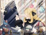  1girl black_jacket blonde_hair blurry blurry_background bronzong christmas christmas_ornaments christmas_tree cynthia_(pokemon) girafarig jacket lance_(pokemon) long_hair lucario lunatone minior nail_polish outdoors pointing pokemon pokemon_dppt pokemon_hgss profile sakaralalala size_difference togekiss upper_body watermark 