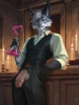  alchemy anthro belt bottomwear candle clothing facial_hair flask formal fur grey_body grey_fur hair inside laboratory lagomorph leaning leporid levsha magic male mammal pants pockets pose potion purple_eyes rabbit relaxing rolled_up shirt sleeves solo sparkles standing topwear tuft tufted_ears vest wear white_hair 