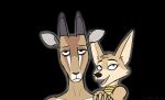 2025 ambiguous_gender antelope anthro antiw_(scribefang) big_ears bovid bust_portrait canid canine countershade_face countershade_neck countershade_torso countershading digital_drawing_(artwork) digital_media_(artwork) djehutymose_(scribefang) dorcas_gazelle duo eye_bags eyeliner fangs female_(lore) fennec_fox fox frown fur gazelle gold_(metal) gold_jewelry gold_necklace hand_on_shoulder hi_res horn jewelry looking_at_viewer makeup male_(lore) mammal necklace no_irises portrait scribefang sharp_teeth smile tan_body tan_fur teeth tired tired_eyes tongue true_antelope true_fox true_gazelle white_body white_fur