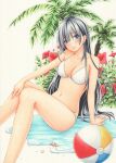  1girl absurdres arm_at_side arm_support ball beachball bikini black_hair breasts bush choppy_bangs closed_mouth collarbone commentary_request earclip feet_out_of_frame flower hair_between_eyes hand_on_own_knee highres knees_up large_breasts light_smile long_bangs long_hair looking_at_viewer marker_(medium) midori_(mira567) navel original palm_tree partial_commentary red_flower seashell shell simple_background sitting solo stomach straight_hair string_bikini swimsuit traditional_media tree water white_background white_bikini 