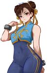  1girl absurdres bare_shoulders blue_bodysuit bodysuit brown_eyes brown_hair chun-li covered_navel double_bun english_commentary hair_bun hair_ribbon highres ierdid looking_at_viewer parted_lips ribbon short_hair solo street_fighter twitter_username white_background yellow_ribbon 