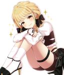  1girl :3 arms_on_knees black_bow black_shoes blonde_hair blush bow brown_shorts closed_mouth commentary_request crop_top earrings flower frilled_sleeves frills fujita_kotone full_body gakuen_idolmaster gold_earrings hair_bow hair_flower hair_ornament heart heart_earrings high_heels highres idolmaster jewelry knees_up long_hair long_sleeves looking_at_viewer red_flower red_rose rose sakura_ran shirt shoes shorts signature simple_background sitting sleeve_bow sleeves_past_wrists smile socks solo sparkle thigh_strap white_background white_shirt white_socks yellow_eyes 