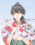  1girl black_hair bouquet highres holding holding_bouquet houshou_(kancolle) japanese_clothes kantai_collection kimono lips long_hair looking_at_viewer petals ponytail purple_eyes red_kimono solo upper_body yuichi_(sp_sakura_yoshi) 