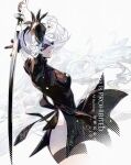  1girl 2b_(nier:automata) abstract_background black_bow black_dress black_gloves black_hairband blindfold bob_cut bow breasts cofffee dress elbow_gloves facing_to_the_side feather-trimmed_sleeves feather_trim fighting_stance floating_clothes floating_hair gloves hairband holding holding_sword holding_weapon katana leotard lips long_sleeves medium_breasts mole mole_under_mouth nier:automata nier_(series) short_dress short_hair side_slit solo sword thigh_strap thighs two-tone_gloves weapon white_background white_gloves white_hair white_leotard 
