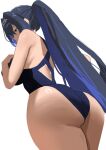  1girl ass blue_eyes blue_hair blue_one-piece_swimsuit breasts chain chain_headband competition_swimsuit criss-cross_back-straps from_behind hair_intakes highleg highleg_one-piece_swimsuit highres hololive hololive_english holonatsu_paradise large_breasts long_hair official_alternate_costume one-piece_swimsuit ouro_kronii ouro_kronii_(holonatsu_paradise) ponytail redi_(rasec_asdjh) simple_background solo swimsuit virtual_youtuber white_background 