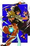  2boys absurdres back-to-back black_eyes black_hair black_jacket black_pants blonde_hair blue_background border commentary electricity energy_ball facial_mark forehead_protector highres holding holding_sword holding_weapon jacket katana kunai male_focus multiple_boys naruto_(series) naruto_shippuuden orange_jacket orange_pants pants rasengan red_eyes shirt short_hair simple_background slit_pupils sword symbol-only_commentary uchiha_sasuke uzumaki_naruto weapon whisker_markings white_border white_shirt xi_luo_an_ya 