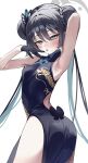  1girl arm_up armpits ass bare_shoulders black_dress black_gloves black_hair blue_archive blush breasts butterfly_hair_ornament china_dress chinese_clothes double_bun dragon_print dress gloves grey_eyes hair_bun hair_ornament half_gloves halo highres kisaki_(blue_archive) long_hair looking_at_viewer looking_back open_mouth pelvic_curtain short_dress side_slit small_breasts solo thighs twintails usa_b 