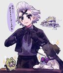  2boys adjusting_clothes animal animal_costume black_bow black_bowtie black_eyes black_gloves black_jacket black_pants blonde_hair bow bowtie c6h8o7lm cane chibi cigarette collared_shirt commentary dog dr._stone dressing facial_tattoo gloves grey_background grey_hair grey_shirt hands_up holding jacket long_sleeves looking_at_another male_focus multicolored_hair multiple_boys neck_ribbon open_mouth pants ribbon shirt short_hair smile sparkle speech_bubble standing stanley_snyder_(dr.stone) sunglasses symbol-only_commentary tattoo tying xeno_(dr.stone) 