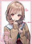  1girl black_ribbon blush border braid brown_cardigan brown_hair cardigan closed_mouth furen_e_lustario furen_e_lustario_(school_uniform) green_neckerchief hair_ribbon head_tilt heart holding holding_own_hair long_hair looking_at_viewer mar0maru neckerchief nijisanji pink_border plaid_border red_eyes red_serafuku red_shirt ribbon sailor_collar school_uniform serafuku shirt sidelocks signature sleeves_past_wrists smile solo twin_braids twitter_username upper_body watermark white_background white_sailor_collar 