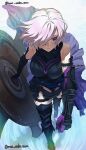 1girl abstract_background armlet armor armored_boots armored_dress armored_gloves armpit_peek armpits artist_name bare_shoulders black_armlet black_boots black_dress black_gloves blue_sash blue_skirt bob_cut boots breasts clenched_hand dress elbow_gloves facing_viewer fate/grand_order fate_(series) floating_clothes floating_hair gloves hair_over_one_eye highres holding holding_shield jewelry large_breasts looking_ahead mash_kyrielight mash_kyrielight_(demi-servant) mat_uskr_tam one_eye_covered pink_hair purple_eyes purple_gloves sash shield short_dress short_hair showgirl_skirt sidelocks signature skirt sleeveless sleeveless_dress solo striped_clothes striped_dress striped_gloves thigh_boots thigh_strap thighs twitter_username two-tone_gloves vertical-striped_clothes vertical-striped_gloves waist_sash walking walking_on_liquid water white_background zettai_ryouiki 