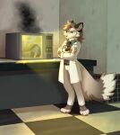 2025 ambiguous_gender annoyed anthro appliance artist_name belt black_mesa blue_eyes bottomwear canid canine casserole clothed clothing coat digitigrade fluffy fluffy_tail fur grey_body grey_fur half-life hi_res identification inside kitchen_appliance lab_coat light lighting mammal microwave_oven multicolored_body multicolored_fur necktie pants ruddi scientist shaded shirt signature smoke solo standing tail text topwear valve white_body white_fur