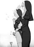  1boy 1girl age_difference animal_ears animal_penis bar_censor blush censored chalice commentary cup dress erection faceless faceless_female full-face_blush furry furry_male greyscale hetero highres juliet_sleeves long_dress long_sleeves monochrome nun onee-shota original own_hands_clasped own_hands_together penis poking_penis precum precum_drip puffy_sleeves rabbit_boy rabbit_ears small_penis snout stefvanian symbol-only_commentary testicles thighhighs traditional_nun veil 