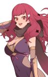  1girl absurdres arm_guards black_scarf bodystocking breasts cleavage covered_navel dr_metagross facial_mark fire_emblem fire_emblem_engage fire_emblem_heroes fishnet_bodystocking fishnets hair_ornament hashtag-only_commentary highres japanese_clothes long_hair looking_at_viewer medium_breasts ninja official_alternate_costume open_mouth red_eyes red_hair scarf shuriken_hair_ornament simple_background smile solo star_(symbol) star_facial_mark star_hair_ornament upper_body white_background yunaka_(stealthy_imitator)_(fire_emblem) 