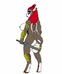  big_breasts big_butt breasts butt caprine dagger digitigrade female goat hair mammal nipples nude plain_background red_hair vdisco voluptuous weapon white_background 