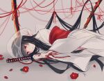  1girl black_hair blood blood_on_weapon bridal_veil flower highres holding holding_sword holding_weapon japanese_clothes katana kimono limbus_company long_hair long_sleeves lying on_floor on_side planted planted_sword project_moon red_eyes red_flower ryoshu_(project_moon) see-through_clothes shiodaregaiizo shiromuku solo string string_of_fate sword uchikake veil veins wataboushi weapon white_kimono wide_sleeves 