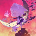  1girl apron archived_source artist_name backlighting bat_wings black_dress black_shoes black_sleeves black_wings blonde_hair chibi chibi_only chris_the_vampire closed_eyes crescent_moon dress duster english_commentary english_text eyelashes high_heels holding holding_duster holding_napkin juliet_sleeves leg_up long_sleeves maid maid_apron maid_headdress medium_hair moon original petticoat pointy_ears profile puffy_sleeves rabbit red_background shoes short_dress sparkle standing standing_on_one_leg tanaka_kunihiko tombstone usa-q vampire warm_colored white_apron white_headdress white_rabbit_(animal) wings yellow_moon 