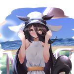  01_leesuke 1girl beach black_ribbon dress ear_ornament ear_tag earrings ears_through_headwear hair_between_eyes hands_up hat hat_ribbon highres horse_girl jewelry long_hair_between_eyes manhattan_cafe_(umamusume) ocean ribbon sand single_earring sleeveless sleeveless_dress solo sun_hat umamusume white_dress white_hat yellow_eyes 