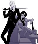  absurdres arm_rest armchair belt chair closed_mouth collared_shirt commentary_request feet_out_of_frame figure_four_sitting glasses greyscale hand_in_pocket hand_up highres holding holding_sword holding_weapon jacket lips long_hair long_sleeves looking_at_viewer monochrome mugennitaberu necktie on_chair open_clothes open_jacket original pants parted_lips planted planted_sword rectangular_eyewear rimless_eyewear sheath sheathed shirt simple_background sitting standing suit suit_jacket sword weapon white_background wing_collar 