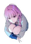  1girl absurdres akira_(kono_gomi_wo_nanto_yobu) bow bowtie braid from_above grey_jacket highres hugging_own_legs jacket kono_gomi_wo_nanto_yobu long_hair looking_at_viewer pink_eyes pink_hair simple_background solo squatting tetsukazu twin_braids v white_background 