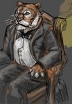  arm_chair black_claws bow_tie brown_eyes brown_fur cum cum_on_face dress_shirt feline fur gdane gentleman grey_background hair hand_on_thigh looking_away mammal plain_background serious sitting solo stare stripes tiger tuxedo whiskers white_markings 