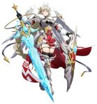  1girl absurdly_long_hair armor armored_boots armored_collar black_dress black_garter_straps black_gloves black_thighhighs blonde_hair boobplate boots bracer braid braided_sidelock breasts cape cleavage cleavage_cutout closed_mouth clothing_cutout crystal_sword dress elbow_gloves faulds feather_hair_ornament feathers floating_cape floating_clothes floating_hair full_body fur-trimmed_armor fur-trimmed_bracer fur-trimmed_dress fur_trim game_cg garter_straps gloves glowing glowing_weapon gold_trim grenshiel_(langrisser) hair_between_eyes hair_ornament high_heel_boots high_heels highres holding holding_shield holding_weapon huge_weapon knight langrisser langrisser_mobile large_breasts long_hair long_single_sidelock looking_at_viewer mechanical_wings messy_hair multicolored_dress official_art pauldrons red_cape red_dress second-party_source serious shield short_dress shoulder_armor simple_background single_braid single_sidelock solo standing strap sword tachi-e thighhighs transparent_background very_long_hair waist_cape weapon white_feathers white_wings wing_hair_ornament wings yellow_eyes zettai_ryouiki 