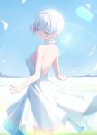  1girl absurdres astra_chichi closed_eyes closed_mouth colored_inner_hair dress english_commentary goddess_of_victory:_nikke highres liliweiss_(nikke) multicolored_hair official_alternate_costume short_hair smile solo sundress white_dress white_hair 