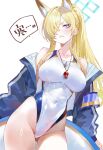  1girl absurdres animal_ear_fluff animal_ears blonde_hair blue_archive blue_eyes blue_halo breasts covered_navel hair_over_one_eye halo highleg highleg_one-piece_swimsuit highres kanna_(blue_archive) kanna_(swimsuit)_(blue_archive) large_breasts long_hair looking_to_the_side one-piece_swimsuit solo speech_bubble suujiniku swimsuit thighs translation_request whistle whistle_around_neck white_one-piece_swimsuit 