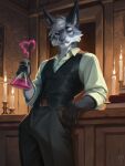 alchemy anthro belt bottomwear candle clothing facial_hair flask formal fur grey_body grey_fur hair inside laboratory lagomorph leaning leporid levsha magic male mammal pants pockets pose potion purple_eyes rabbit relaxing rolled_up shirt sleeves solo sparkles standing topwear tuft tufted_ears vest wear white_hair 