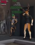 2025 absurd_res alley anthro antlers big_penis biped black_clothing black_shirt black_t-shirt black_topwear bodily_fluids bottomless bottomless_anthro bottomless_male bottomwear brown_body brown_fur cigarette clothed clothing cum cum_on_own_penis cum_on_penis cum_on_self deer dialogue digital_media_(artwork) digitigrade door duo english_text fishnet_clothing fishnet_tank_top fishnet_topwear fur genital_fluids genitals green_eyes green_hair hair hi_res holding_cigarette holding_object hooves horn humanoid_genitalia humanoid_penis hyena lizardlars male male_anthro mammal markings mohawk multicolored_body multicolored_fur outside paws penis shirt shorts spots spotted_body spotted_fur spotted_hyena t-shirt tan_body tan_fur text topwear vest white_body white_fur