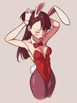  1girl absurdres animal_ear_hairband animal_ears blunt_bangs bow bowtie breasts brown_pantyhose closed_eyes detached_collar fake_animal_ears grey_background hairband highleg highleg_leotard highres holding holding_own_hair kagari_atsuko leotard little_witch_academia madabau mouth_hold pantyhose playboy_bunny rabbit_ears rabbit_tail red_bow red_bowtie red_leotard simple_background small_breasts solo strapless strapless_leotard tail wrist_cuffs 