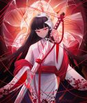  1girl absurdres black_hair blood blood_on_clothes bridal_veil closed_mouth commentary highres holding holding_sword holding_weapon japanese_clothes katana kimono limbus_company long_hair long_sleeves natsoo_(natsoomeee) project_moon red_eyes ryoshu_(project_moon) sash see-through_clothes shiromuku solo string string_of_fate sword symbol-only_commentary uchikake veil wataboushi weapon white_kimono wide_sleeves 