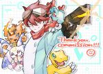  1boy agumon brown_hair commission coronamon digimon digimon_(creature) digimon_story:_time_stranger goggles goggles_on_head green_jacket group_picture gundam highres jacket lion lizard lunamon male_focus multicolored_jacket nagoshi rabbit red_scarf scarf short_hair skeb_commission two-tone_jacket white_jacket yellow_eyes yuuki_dan 