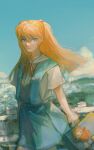  1girl absurdres bag blue_eyes blue_skirt blue_sky cloud commentary_request cowboy_shot expressionless hair_ornament highres holding holding_bag interface_headset_(evangelion) miniskirt neon_genesis_evangelion orange_hair pleated_skirt school_bag school_uniform skirt sky solo souryuu_asuka_langley tokyo-3_middle_school_uniform twitter_username uu0000322 