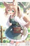  1girl animal_ears bag commentary_request commission dress fox_ears fox_girl fox_tail frilled_dress frills green_eyes hair_between_eyes highres kito_(sorahate) long_sleeves original puffy_long_sleeves puffy_sleeves shirt shoulder_bag skeb_commission sleeveless sleeveless_dress smile solo tail twintails white_shirt 