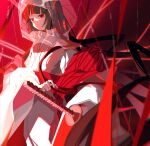  1girl black_hair bob_cut bridal_veil closed_mouth commentary_request flat_chest highres holding holding_sword holding_weapon japanese_clothes katana kimono lcb_ssk limbus_company long_hair long_sleeves project_moon red_eyes ryoshu_(project_moon) sash see-through_clothes shiromuku solo sword uchikake veil veins wataboushi weapon white_kimono wide_sleeves 