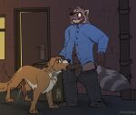 alley animal_genitalia animal_penis anthro anthro_on_feral anthro_penetrating anthro_penetrating_feral balls bestiality biped bird_dog black_nose blue_clothing blue_shirt blue_topwear blush bodily_fluids bottomwear brown_body brown_fur canid canine canine_genitalia canine_penis canis clothed clothed_sex clothing collar countershade_torso countershading digitigrade domestic_dog duo erection eyewear fellatio feral feral_penetrated fur genital_fluids genitals glasses grey_body grey_fur hi_res humanoid_genitalia humanoid_penis hunting_dog knot knotted_penis male male/male male_on_feral male_penetrated male_penetrating male_penetrating_male mammal markings mintyderg nova_scotia_duck_tolling_retriever oral oral_penetration outside pants penetration penile penis plantigrade precum procyonid quadruped raccoon retriever sex shirt snout striped_body striped_fur striped_markings striped_tail stripes tail tail_markings topwear