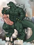  abs anthro balls biceps big_muscles big_penis building city claws clenched_teeth cum erection fangs godzilla godzilla_(series) green_skin horn humanoid_penis hyper kaiju leaking macro male muscles not_furry nude pecs penis pose precum presenting rackun red_eyes reptile scales scalie sheath slit solo teeth thick_penis toe_claws vein 