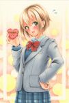  1girl blazer blush bow bowtie box brown_hair choppy_bangs commentary cowboy_shot diagonal-striped_bow diagonal-striped_bowtie diagonal-striped_clothes flying_sweatdrops green_eyes grey_jacket grey_skirt grey_sweater hand_on_own_hip hand_up heart-shaped_box highres holding holding_box jacket layered_sleeves long_sleeves looking_at_viewer marker_(medium) midori_(mira567) open_mouth original pink_background plaid_clothes plaid_skirt pleated_skirt red_bow red_bowtie school_uniform short_hair sidelocks skirt smile solo striped_bow striped_bowtie striped_clothes sweater traditional_media valentine wing_collar 