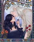  1boy 1girl absurdres black_choker black_dress black_hair choker dress flower food fruit geralt_of_rivia green_eyes highres knifecalledlust orange_flower purple_eyes red_flower scar scar_across_eye scar_on_face shirt the_witcher_(series) the_witcher_3 tree white_hair white_shirt witcher_medallion yennefer_of_vengerberg 