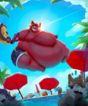 3_toes 4_fingers absurd_res ambiguous_gender anthro backlighting bar_emanata beach_chair beach_mall beach_umbrella belly belly_folds big_belly big_moobs blue_clothing blue_swimwear blurred_character blurred_foreground brown_body brown_fur canid canine cheek_tuft clothing cloud countershading day deep_navel detailed_background digital_media_(artwork) digital_painting_(artwork) emanata eye_glint facial_tuft fat_arms featureless_chest feet fingers fox fur gloves_(marking) green_leaves group hair hi_res huge_belly inner_ear_fluff jacket jumping lens_flare light lighting low-angle_view male male_anthro male_focus mammal markings miluinaoxie moobs morbidly_obese morbidly_obese_anthro morbidly_obese_male navel obese obese_anthro obese_male overweight overweight_anthro overweight_male painting_(artwork) palm_tree parasol plant pool pyrocynical red_belly red_body red_ears red_fur red_inner_ear_fluff red_tuft red_umbrella sharp_teeth solo_focus sun sunlight swimming_trunks swimwear teeth toes topwear tree trio tuft watter white_body white_clouds white_countershading white_fur white_hair yellow_clothing yellow_jacket_(clothing) yellow_sclera yellow_topwear