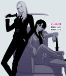  absurdres arm_rest armchair belt breasts chair closed_mouth collared_shirt commentary_request feet_out_of_frame figure_four_sitting glasses greyscale hand_in_pocket hand_up highres holding holding_sword holding_weapon jacket lips long_hair long_sleeves looking_at_viewer medium_breasts monochrome mugennitaberu necktie on_chair open_clothes open_jacket original pants parted_lips planted planted_sword rectangular_eyewear rimless_eyewear sheath sheathed shirt simple_background sitting standing suit suit_jacket sword weapon wing_collar 