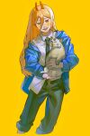  1girl animal black_necktie black_pants blonde_hair blue_jacket cat chainsaw_man commentary_request cross-shaped_pupils feet_out_of_frame highres holding holding_animal holding_cat jacket meowy_(chainsaw_man) necktie open_mouth pants pants_rolled_up power_(chainsaw_man) red_eyes red_hair sharp_teeth shirt_partially_tucked_in smile solo symbol-shaped_pupils teeth uu0000322 