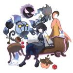  1girl absurdres apple banette basket belt belt_buckle black_dress black_hair blue_gloves bob_cut buckle candlestand chair chandelier closed_mouth coat dress floating food fruit full_body gastly gloves gourgeist gradient_hair gwynn_(pokemon) hat highres holding holding_poke_ball litwick long_sleeves looking_at_viewer mega_stone mokuren4 multicolored_hair nest_ball o-ring o-ring_belt on_chair open_clothes open_coat pantyhose partially_fingerless_gloves poke_ball pokemon pokemon_(creature) pokemon_legends:_z-a pumpkaboo purple_eyes purple_hair short_hair sitting white_background white_coat 