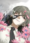  1girl absurdres b1026 black_hair black_necktie blue_eyes chainsaw_man cigarette collared_shirt crying crying_with_eyes_open eyepatch flower highres himeno_(chainsaw_man) lying medium_hair necktie on_back one_eye_closed pink_flower shirt smoke solo tears white_shirt 