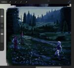  1girl 2boys adventure_time art_program_in_frame betty_grof black_hair black_vest boots brown_hair brown_vest coeurdeluciole dual_persona forest full_body green_jacket hands_on_own_hips highres hill ice_king jacket looking_at_another mullet multiple_boys nature outdoors screenshot shirt short_hair simon_petrikov tree vest walking white_hair white_shirt 