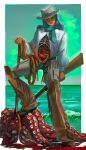  1boy absurdres aqua_neckerchief aqua_pants blue_hair chaps commentary_request cowboy_hat exposed_bone green_background green_sky gun hat head_tilt highres intestines jacket long_hair male_focus neckerchief ocean octopus original pants shotgun sky solo spurs uu0000322 weapon white_jacket 